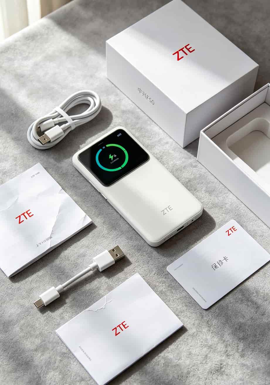 19元流量卡无限?我白扔了三百多块才搞明白真相 中兴F50随身WiFi的完整配件套装,包含设备、充电线、说明书和包装盒