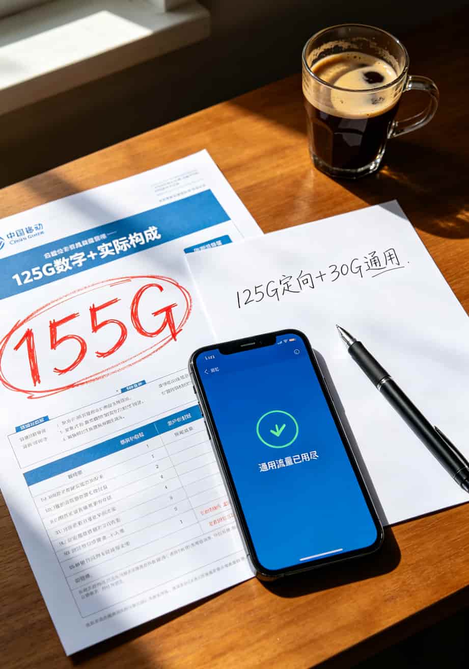 19块钱180G?劝你打住!我干通信8年,劝你别碰“0元流量卡” 19元155G套餐流量构成示意图,显示125G定向和30G通用