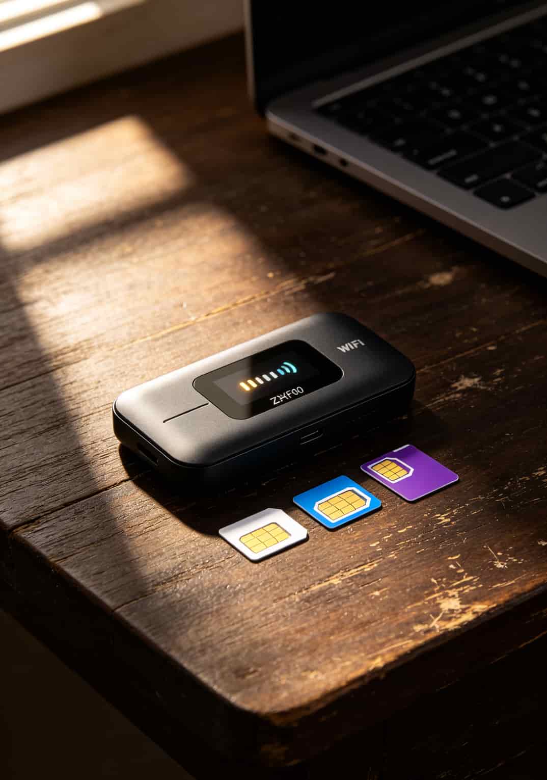 中兴F50随身WiFi和几张流量卡摆在一起的实拍