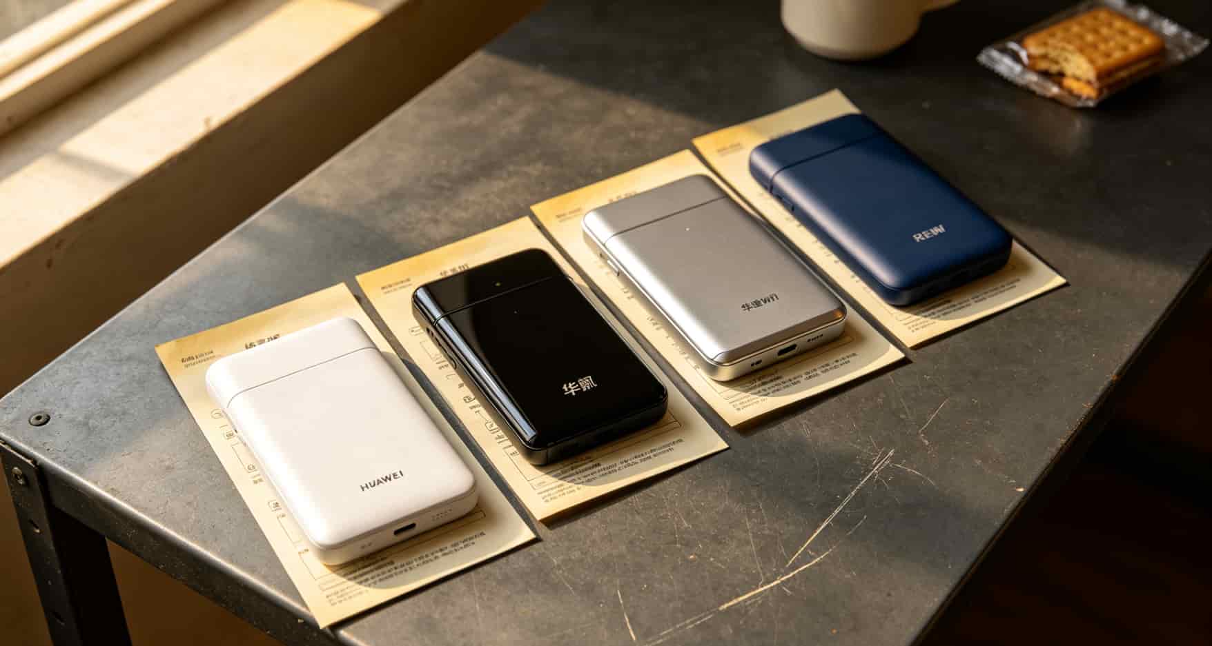 19元月租流量卡联通到底坑不坑?我花一千块试了四台随身WiFi,大实话全在这 四台随身WiFi并排放在灰色桌面上,从左到右依次是华为、华凰、华建、华域