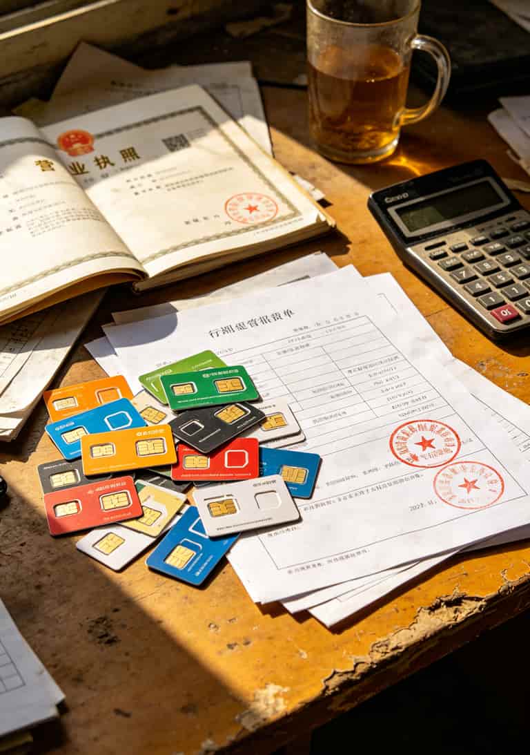 搜“19电信流量卡办理”上当三次后,我总结出这套电销卡防坑手册 老侯办公桌上堆着的电销卡合同和实名材料