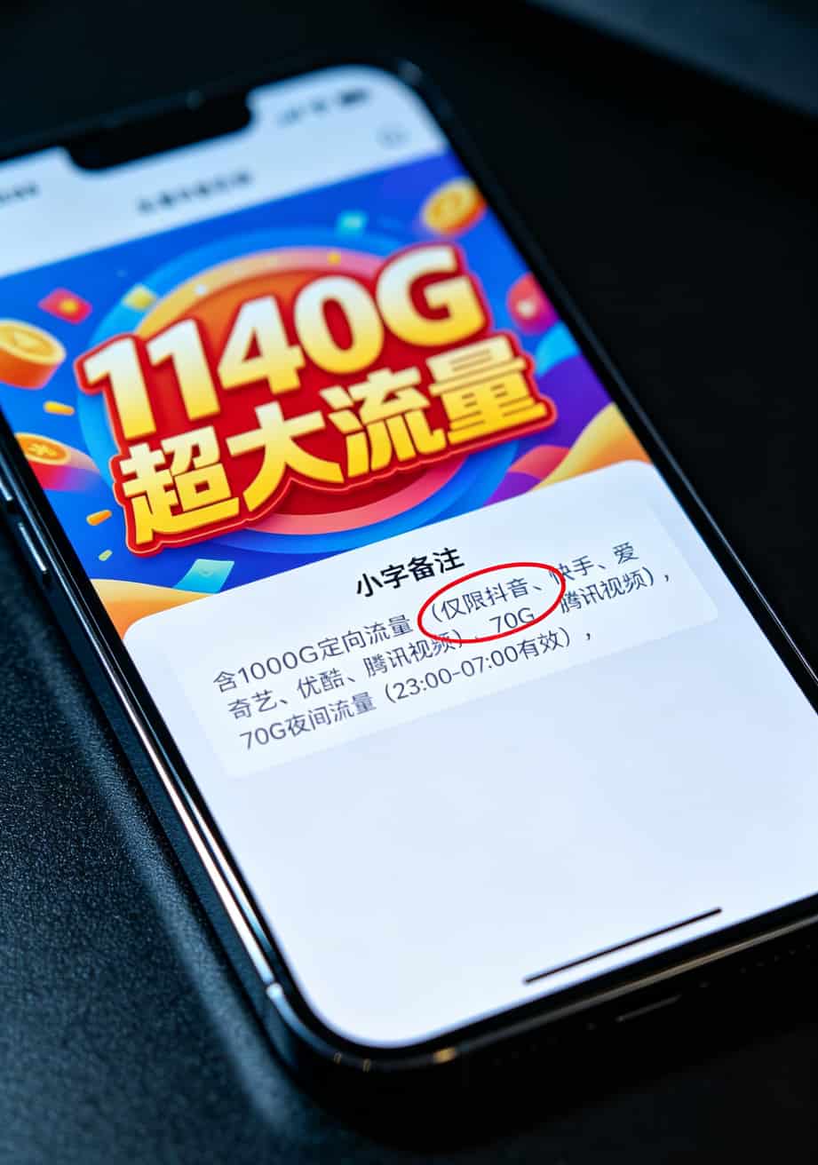 出国用什么流量卡划算?武汉伢实测7张卡,19块1000G全是坑 某流量卡详情页的定向流量小字备注,放大后清晰可见