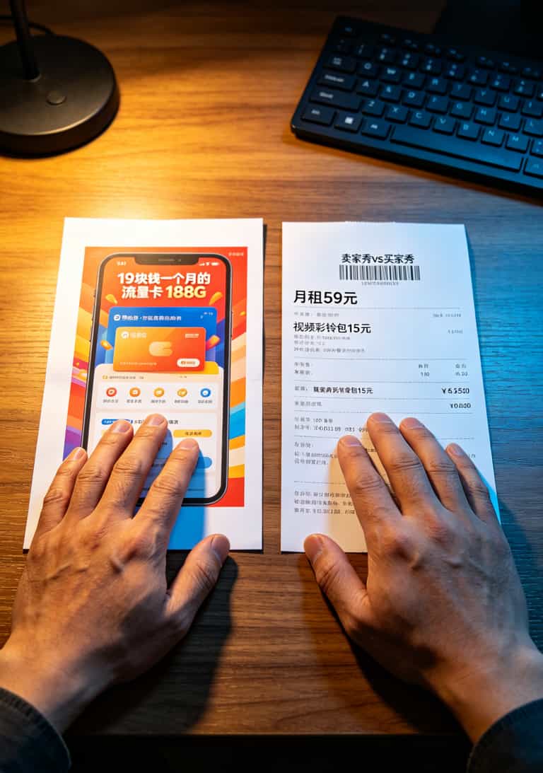 19块钱一个月的流量卡,敢买吗?我替你踩过那坑了 19元流量卡宣传页与实际账单对比图