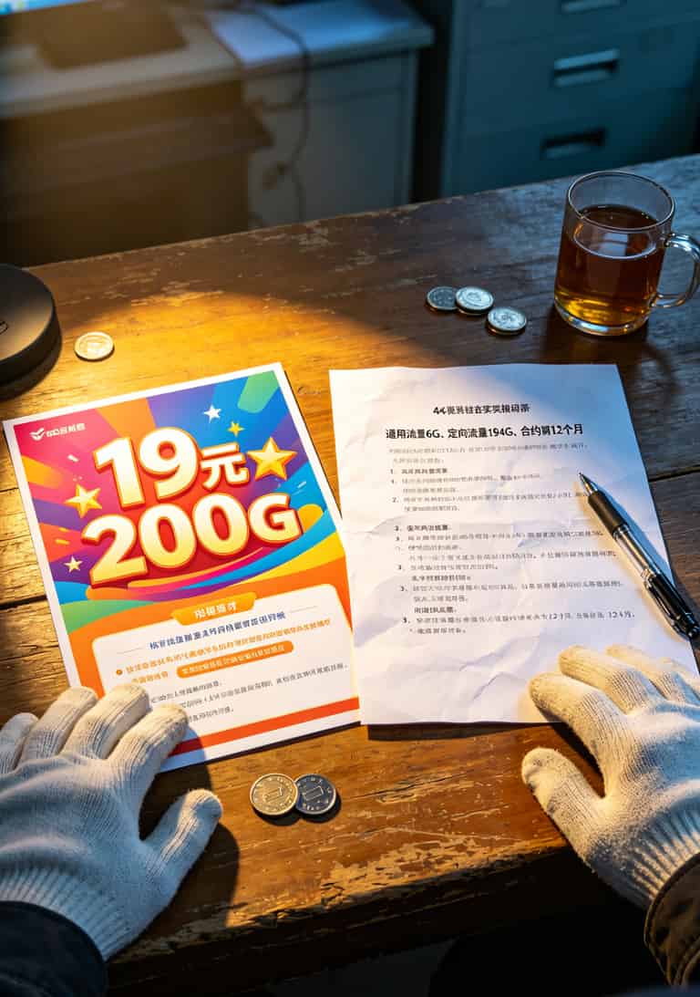 办了5张19块200G流量sim卡,我全扔了(含避坑清单) 19元200G流量sim卡宣传页与真实资费对比图