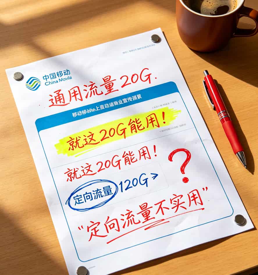 19月租流量卡用了两年,有些话不吐不快(附真实踩坑清单) 移动19元140G卡套餐构成图,通用流量20G和定向流量120G用不同颜色标注