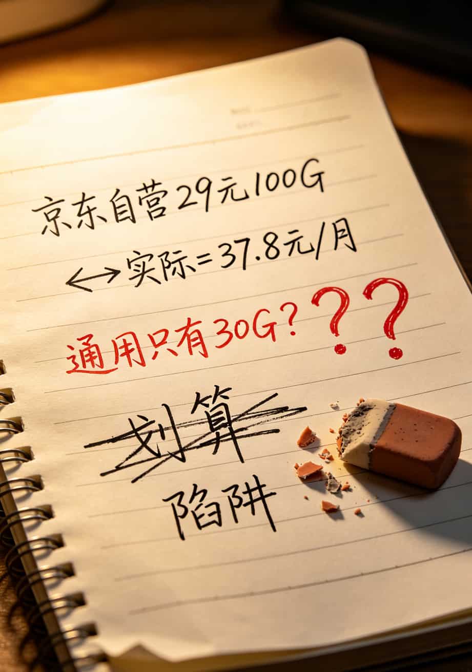 一张手写的计算草稿，写着29元100G的真实月租37.8元，旁边画了个问号