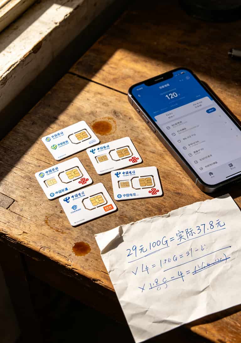 桌上摆着几张SIM卡和一部手机，旁边放着一张写满数字的草稿纸