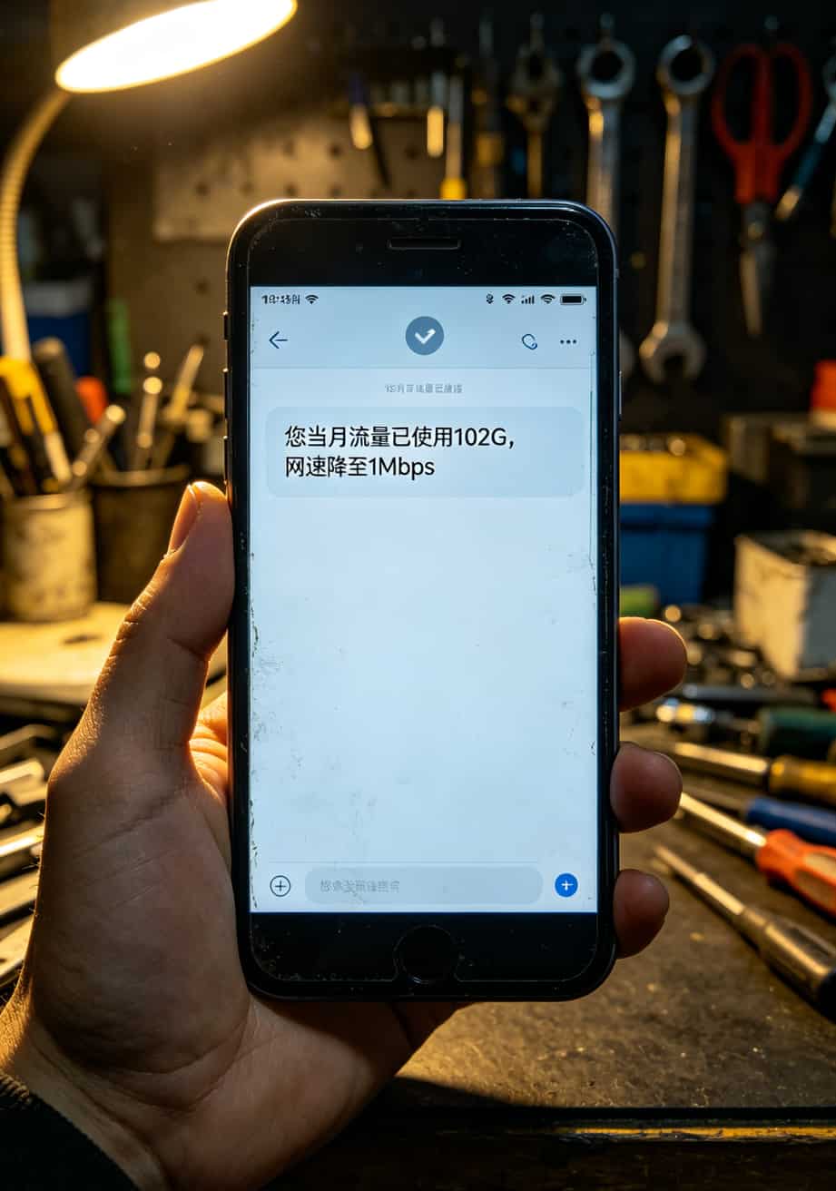 手机屏幕显示流量限速提醒短信截图，网速降至1Mbps