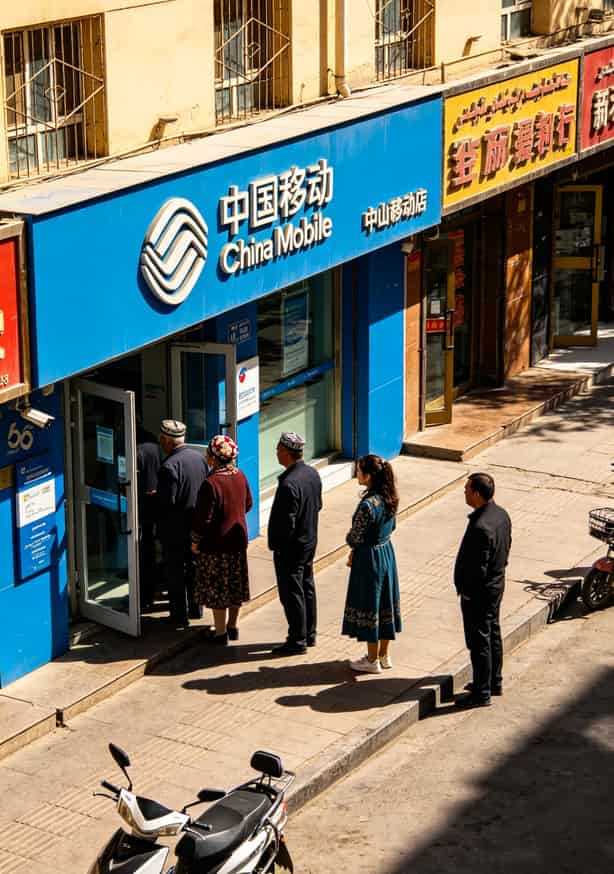 乌鲁木齐中山路中国移动营业厅门口排队办理业务的顾客