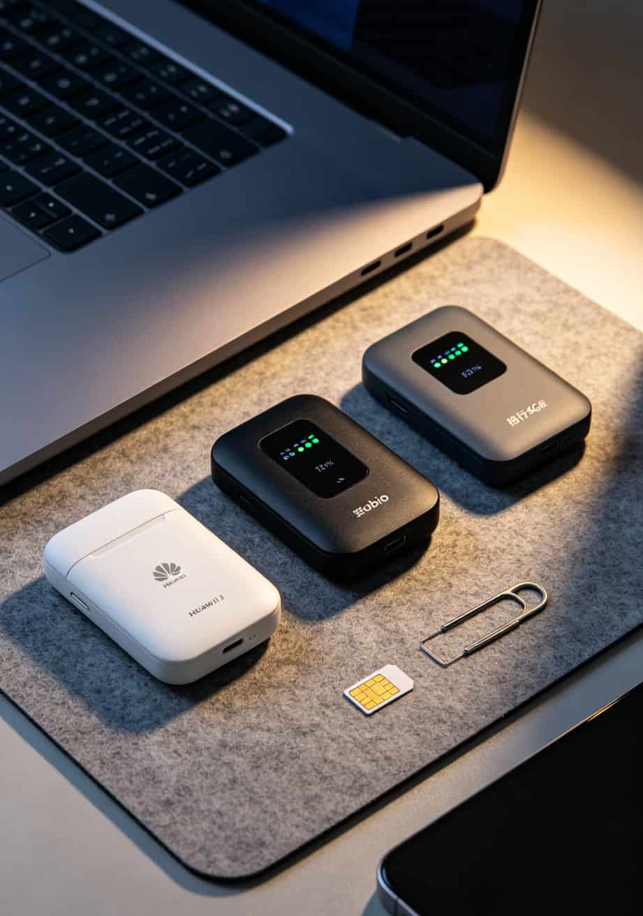 三款随身WiFi设备并排对比，华为、努比亚、格行