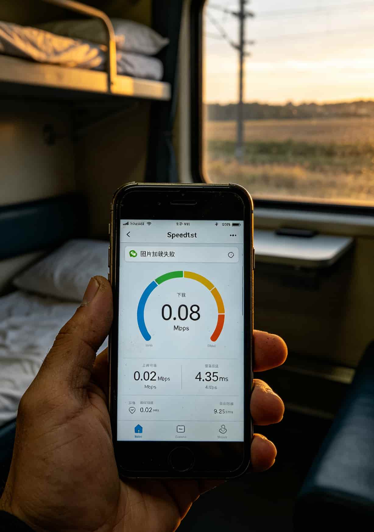 一张被限速后的手机测速截图，显示下载速度0.08Mbps