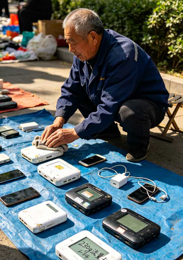 华县买随身WiFi水太深!那个230g流量卡我劝你多看两眼 跳蚤市场二手电子摊位,摆着各种随身WiFi设备