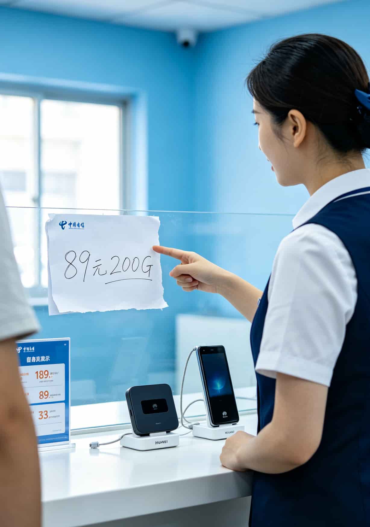 华县买随身WiFi水太深!那个230g流量卡我劝你多看两眼 电信营业厅柜台展示随身WiFi套餐,价格标签清晰可见