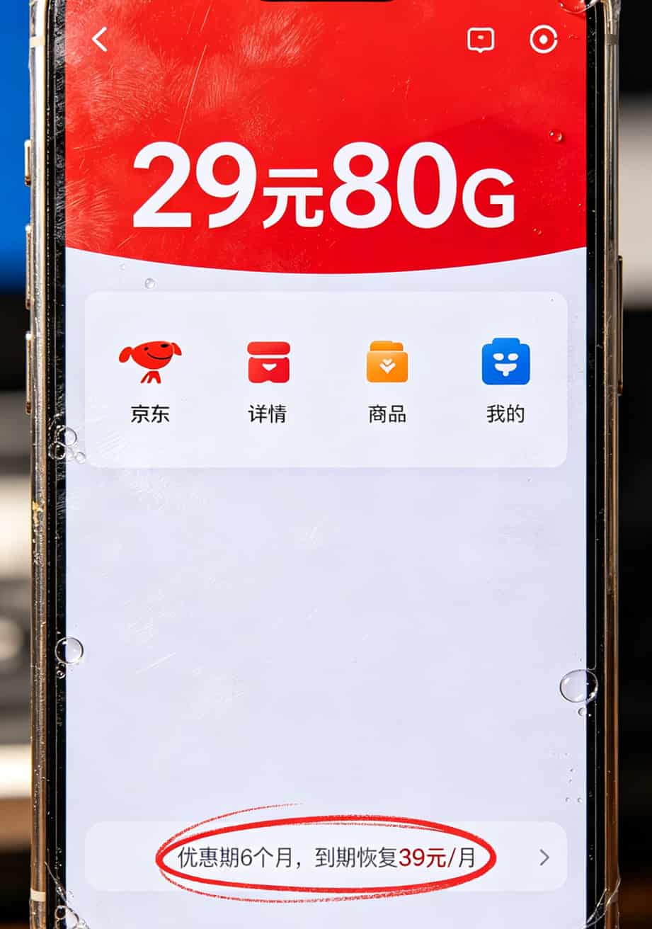 9元300g流量卡是正规的吗?我拿三个月工资试了七张卡,答案在这 京东自营29元80G套餐详情页截图,小字部分红圈标注