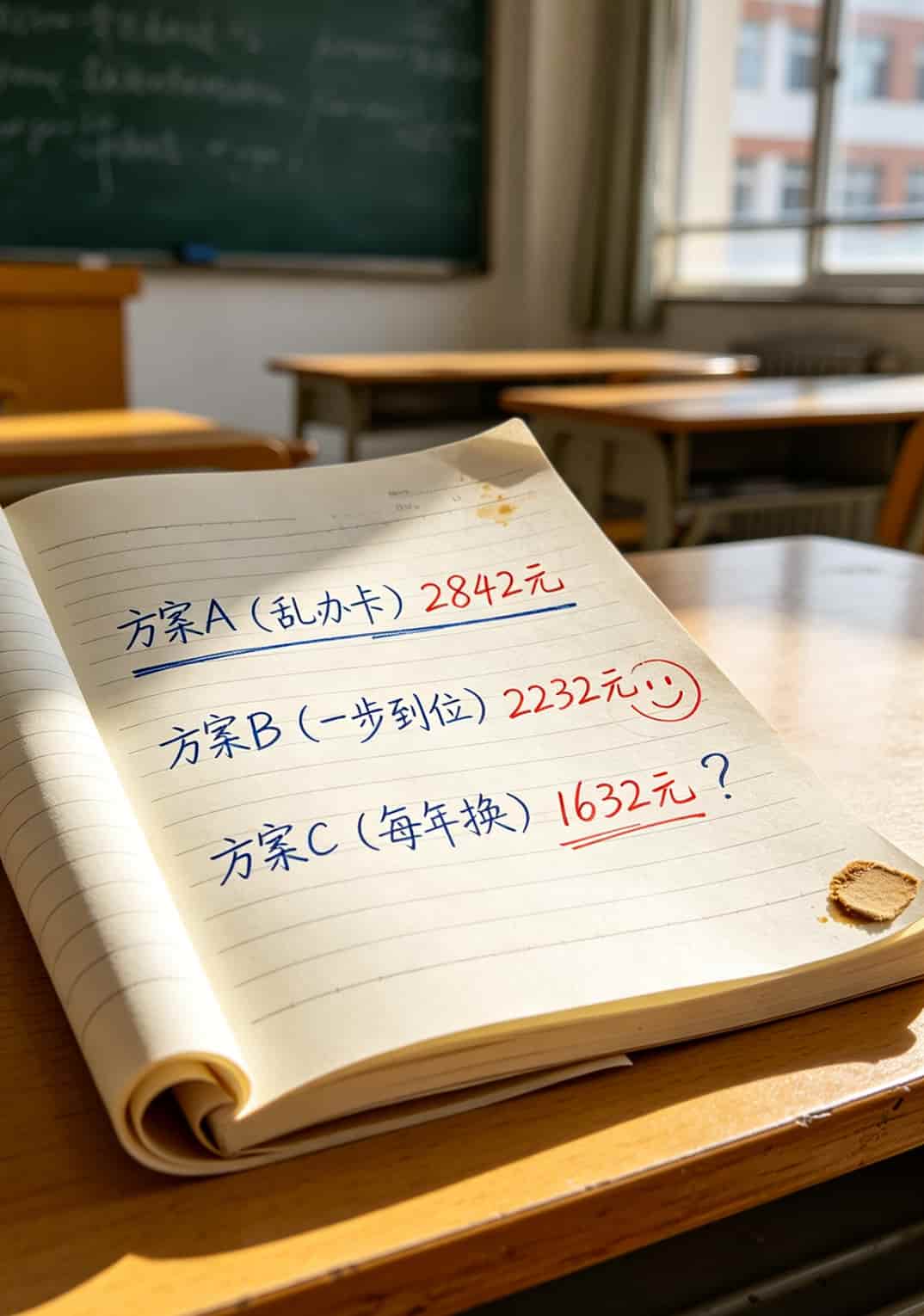 3000g月流量卡是智商税?2025校园卡避坑指南(实测) 手写计算草稿,写着四年总费用对比