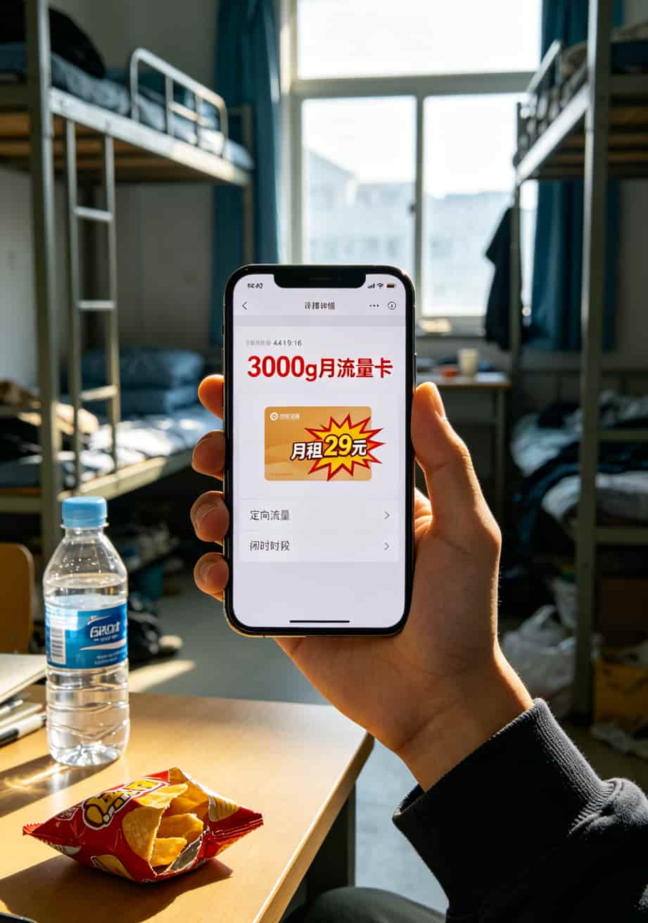 3000g月流量卡是智商税?2025校园卡避坑指南(实测) 3000g月流量卡宣传广告截图,标着月租29元3000G