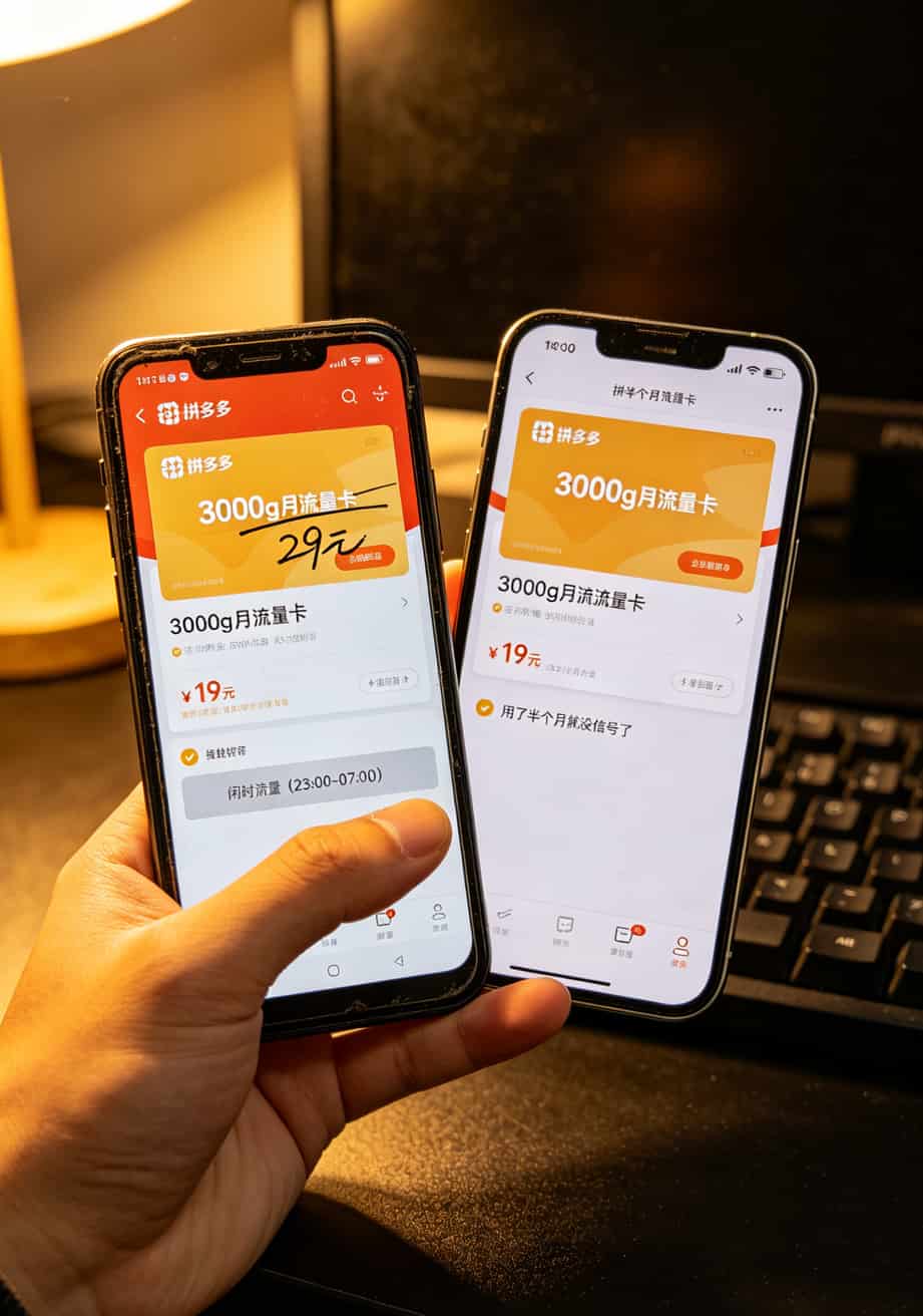 3000g月流量卡是智商税?2025校园卡避坑指南(实测) 拼多多上3000g月流量卡的商品详情页截图,小字标注闲时流量