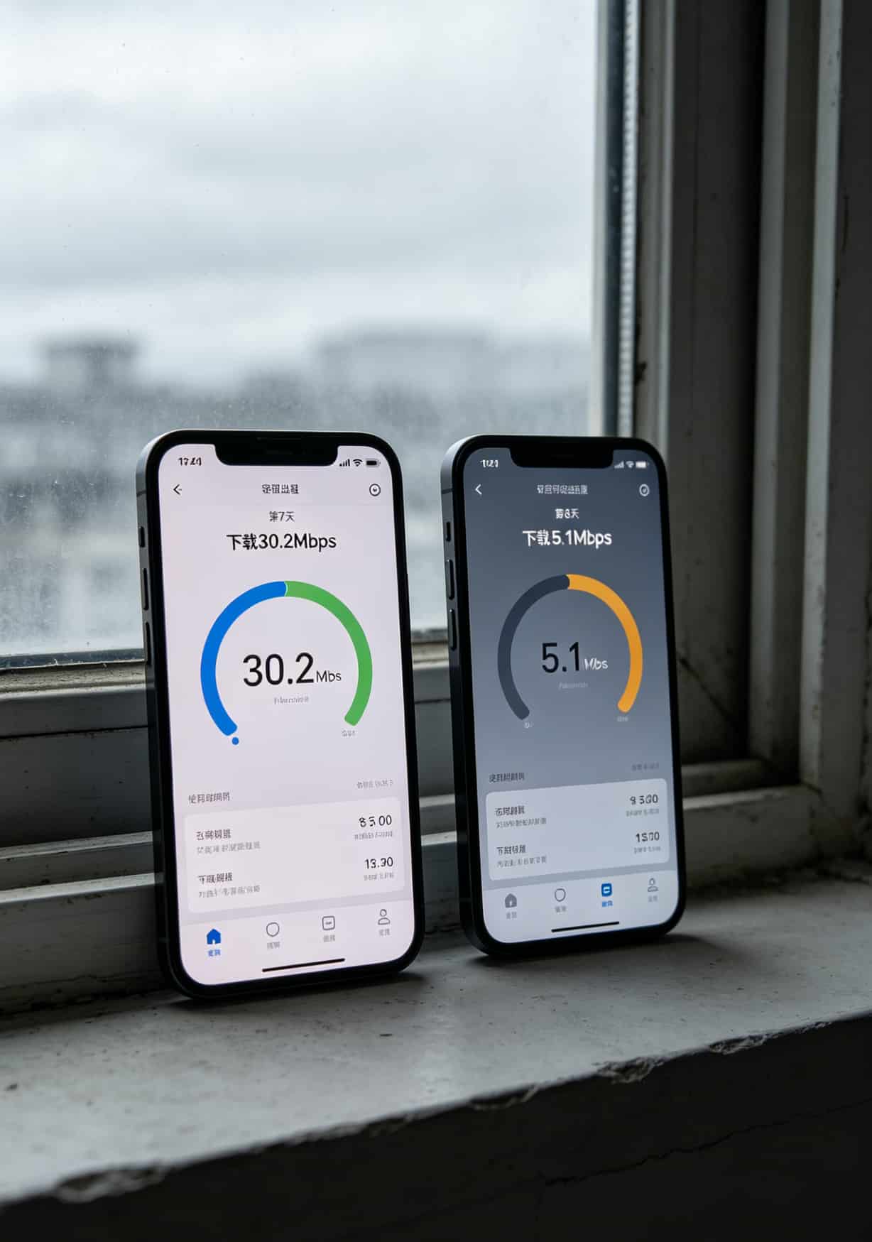 前后两天网速对比截图，7天前30Mbps，8天后5Mbps