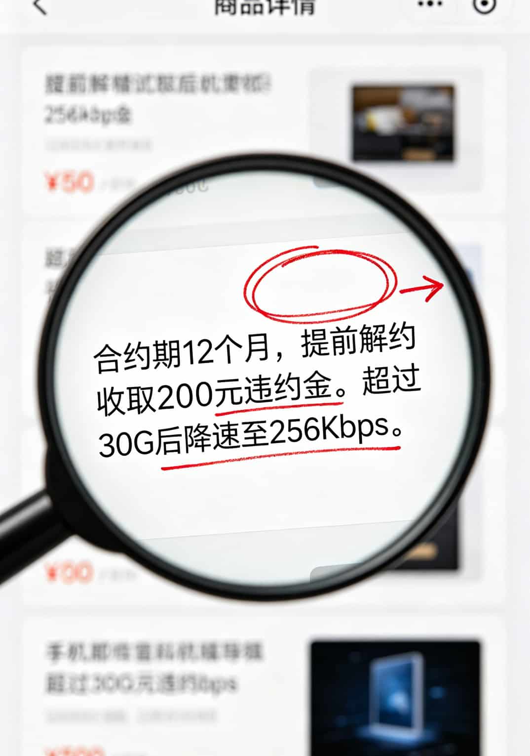 北京的哥们姐们注意了!30g流量卡多少钱才不踩坑?我通州家里测了仨月,终于整明白了 线上套餐小字条款放大截图,红圈标注限速和合约内容