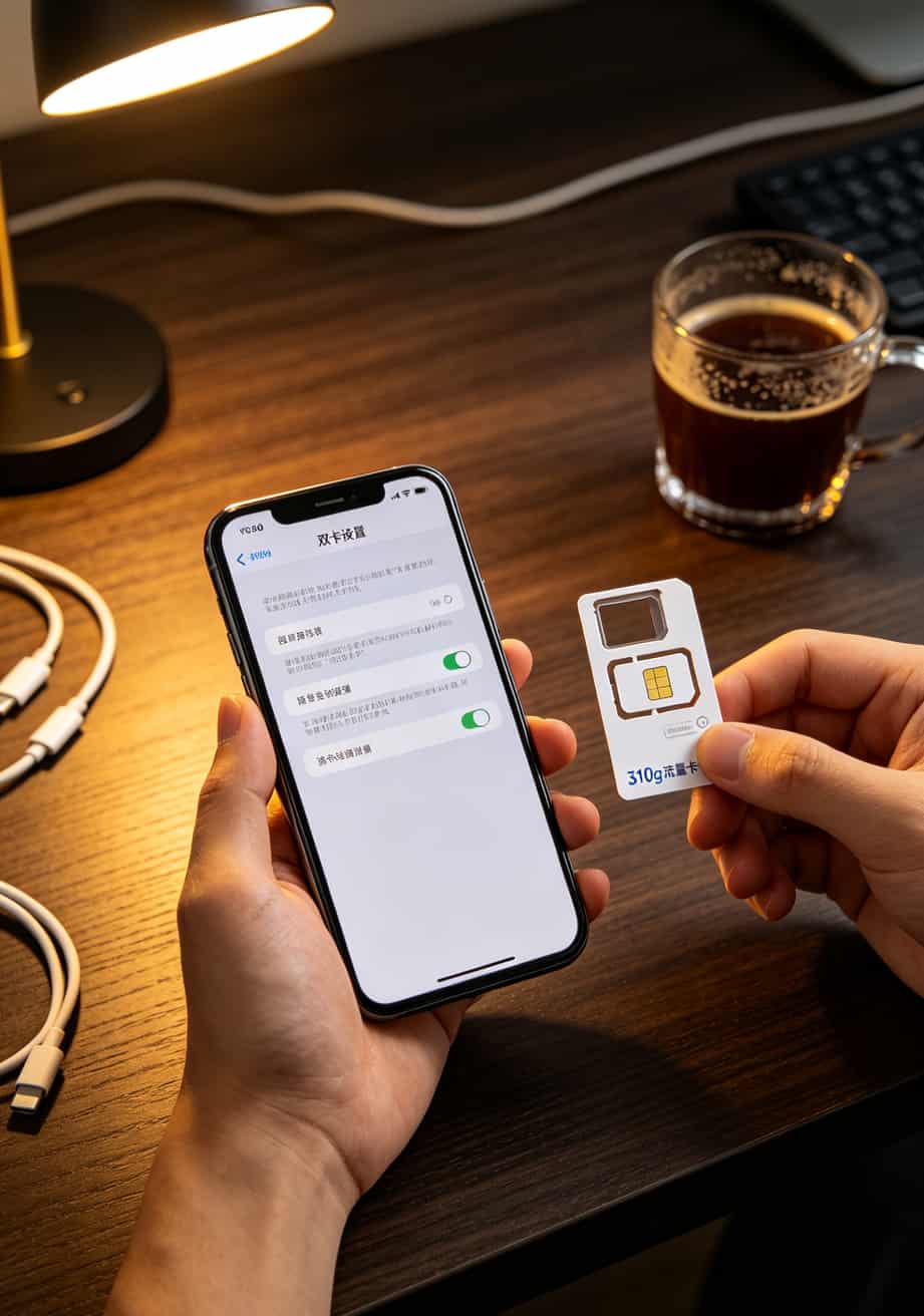 半年换了3台随身WiFi,最后发现310g流量卡才是真香(附避坑实录) 作者手里拿着一张310g流量卡和一部双卡手机