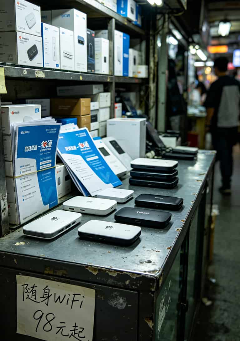 华强北电子市场柜台摆放各种随身WiFi设备