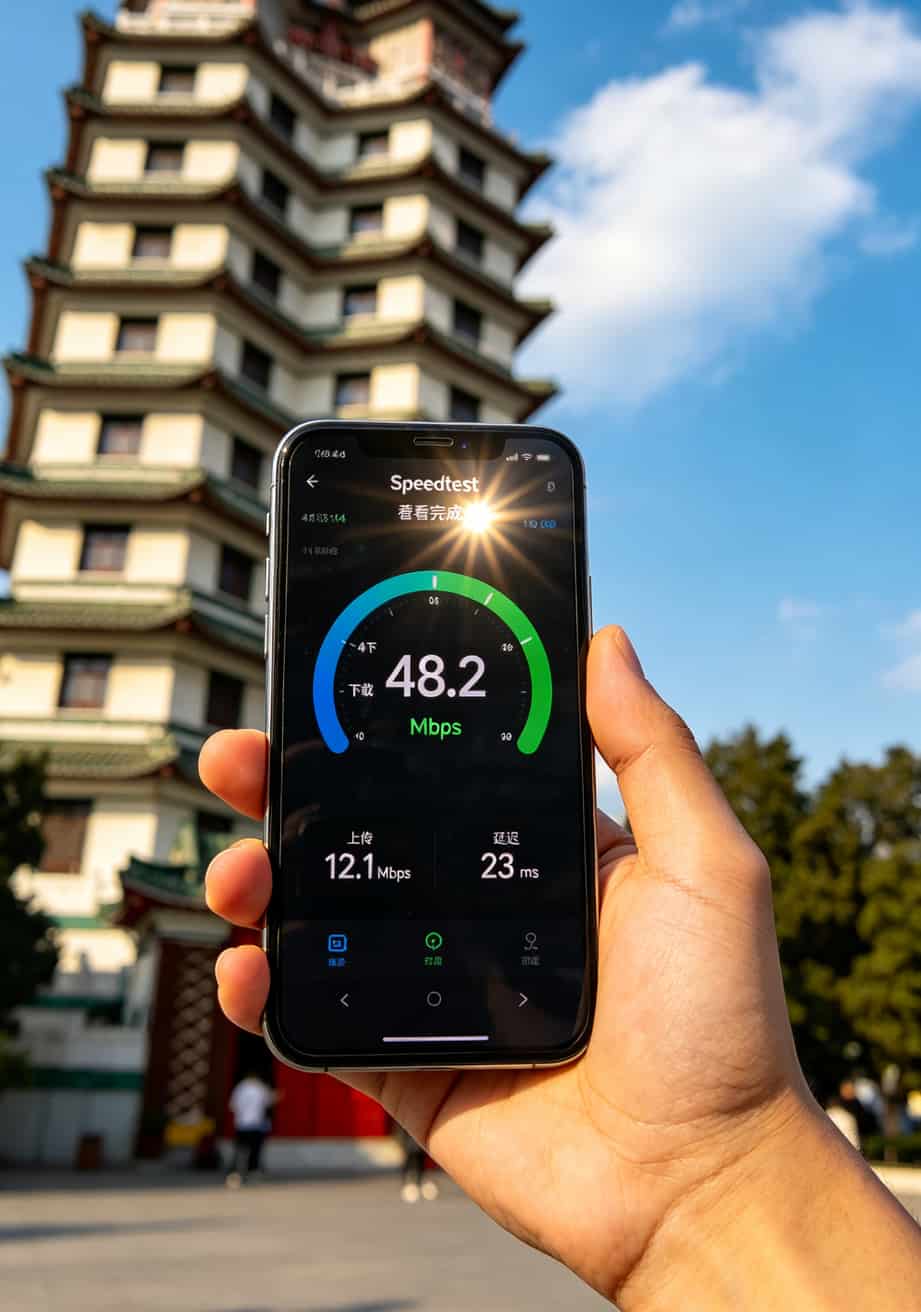 手机测速软件界面显示下载48Mbps上传12Mbps
