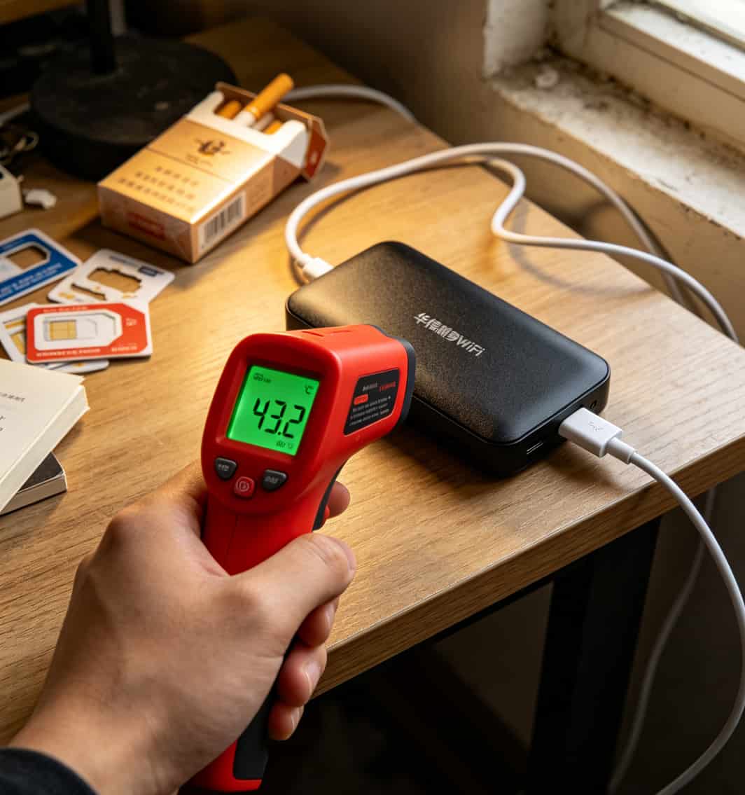 花一千多块买来的教训:4g卡流量移动纯随身WiFi,这3款才不坑人 华信小黑盒用测温枪显示43.2度的画面
