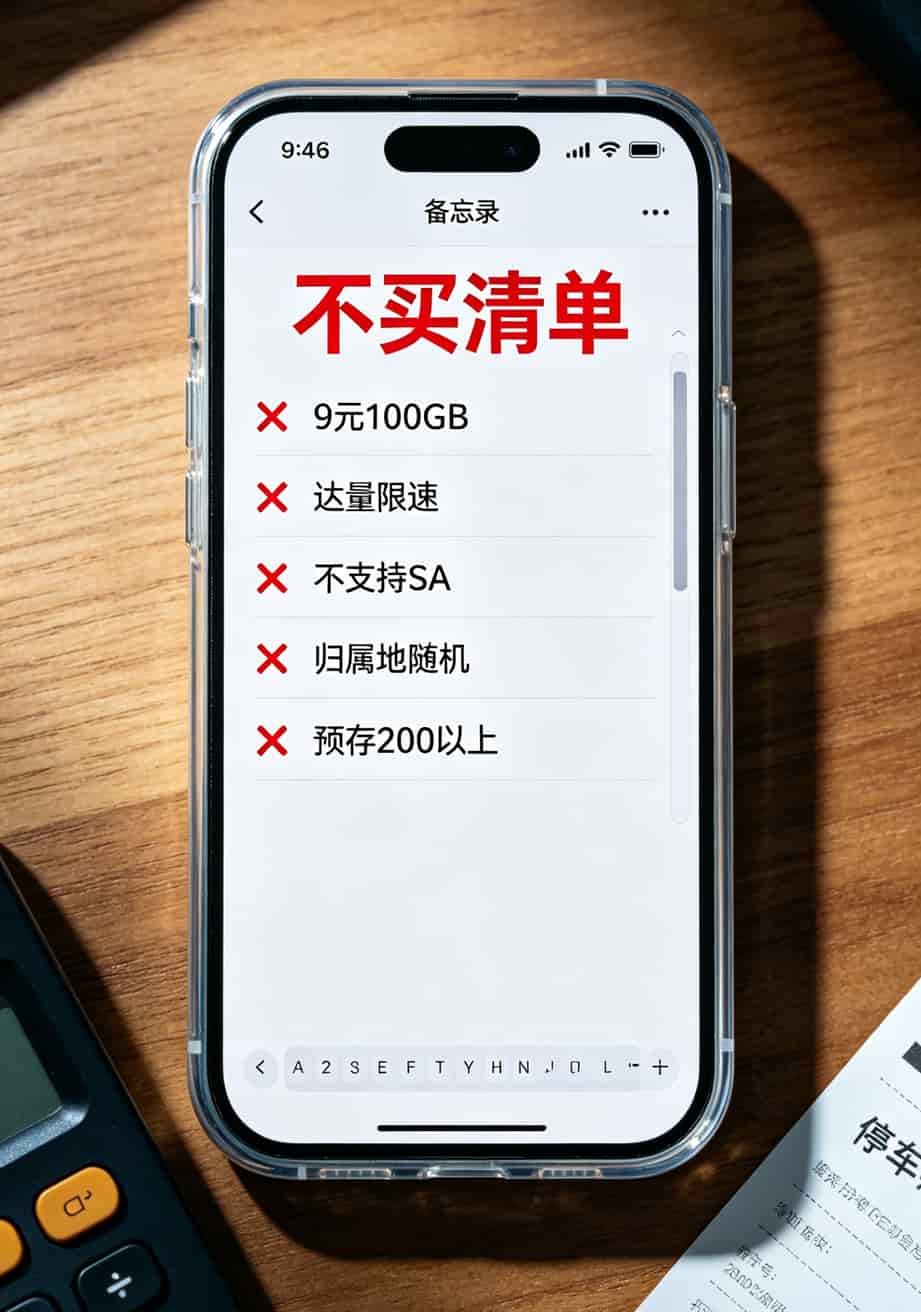 5g流量卡哪家强?我自费测了6张卡,这份账单你直接抄 手机备忘录截图,红色大标题“不买清单”,底下五条带叉号的项目