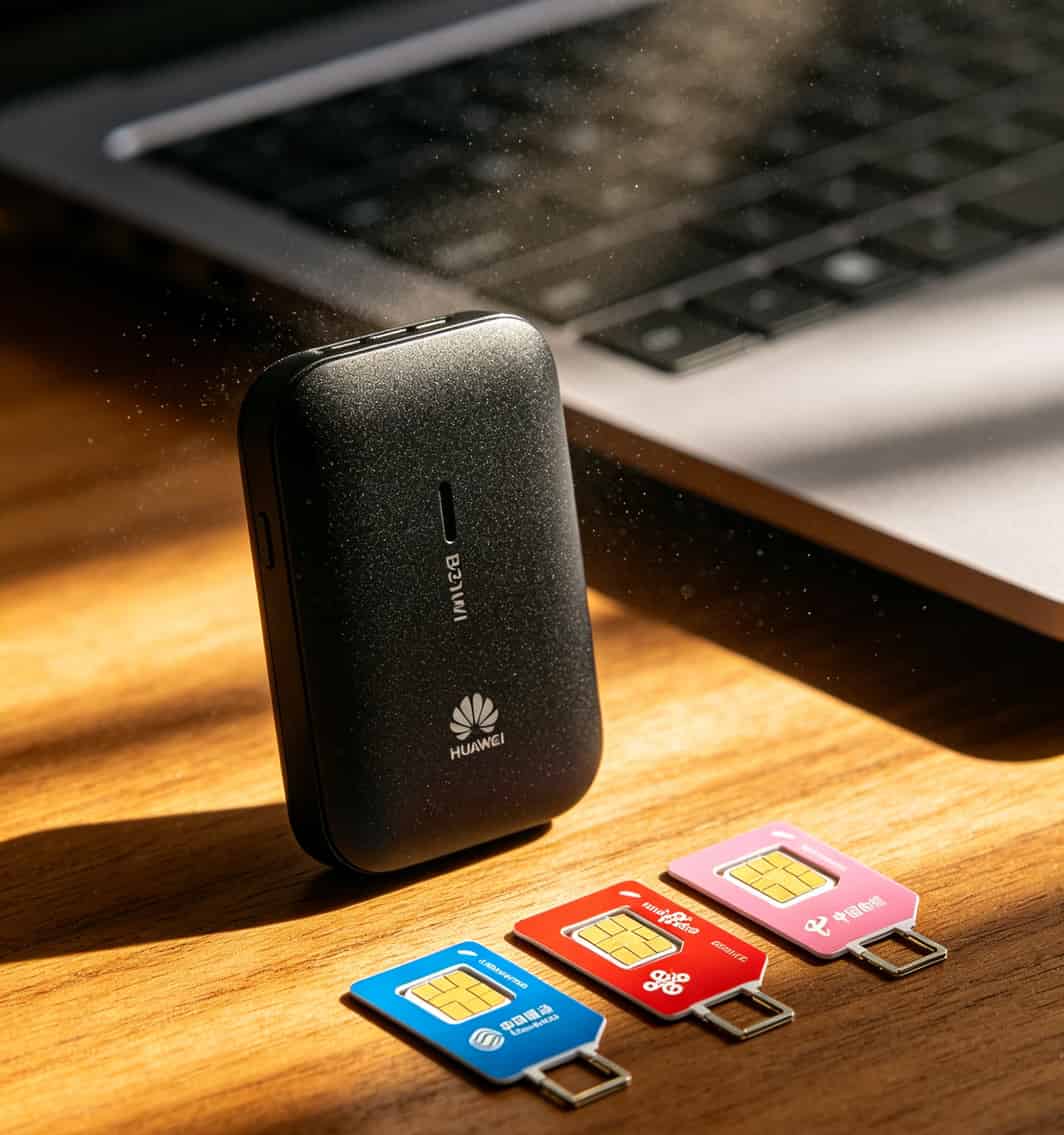 买5g纯流量全国通用流量卡配华为随身WiFi,39块钱100G那个档最划算,19块以下的别碰 华为B310随身WiFi与三张运营商SIM卡并排摆放