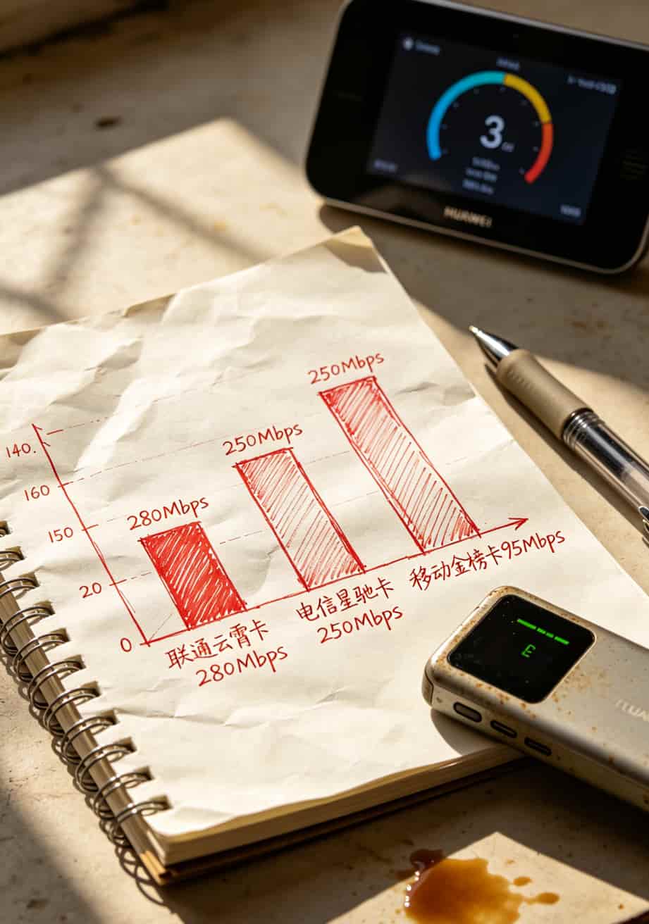 华为5G随身WiFi配上500g大流量卡,真能省出一个月的烟钱?我折腾三年告诉你答案 不同运营商500g大流量卡网速实测对比柱状图