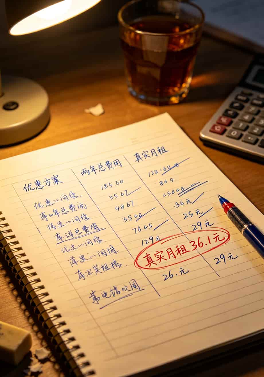 一张5g电信流量卡折腾我仨月,京东校园卡那30块我是真领到了(附避坑地图) 两年套餐总费用计算表格,展示不同优惠方案的真实月租对比