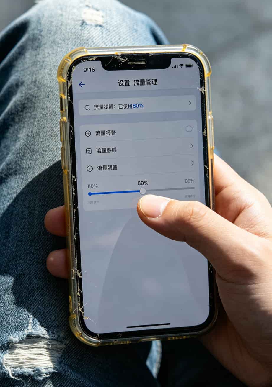 被坑了六年才整明白,联通流量卡超出怎么收费这事真得自己盯着——少花冤枉钱的野路子指南 手机设置界面显示流量预警线设置在80%,状态栏提示“已使用80%流量”