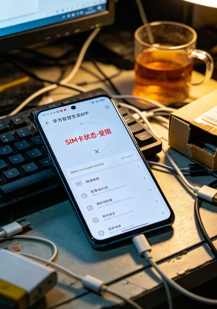华为智慧生活APP显示SIM卡状态受限的截图