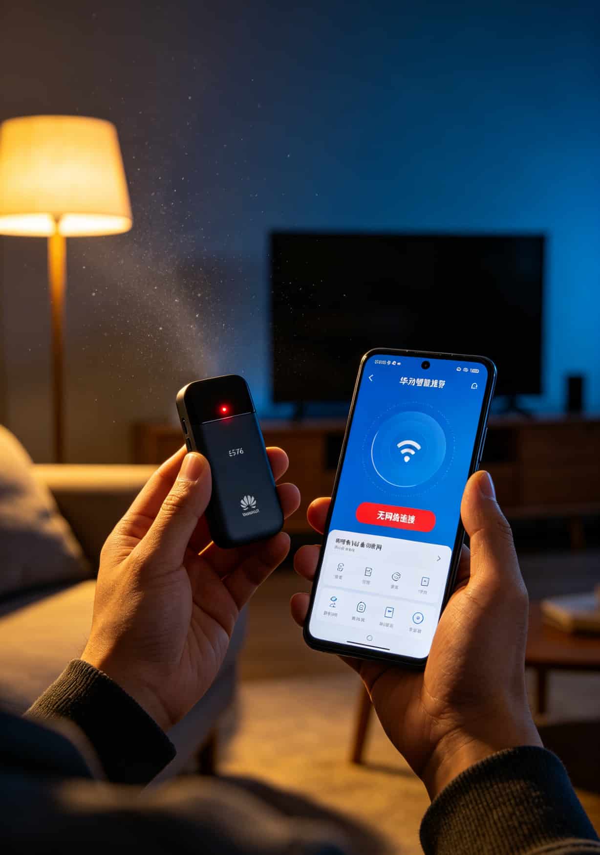 老周手拿华为E5576随身WiFi显示断网状态