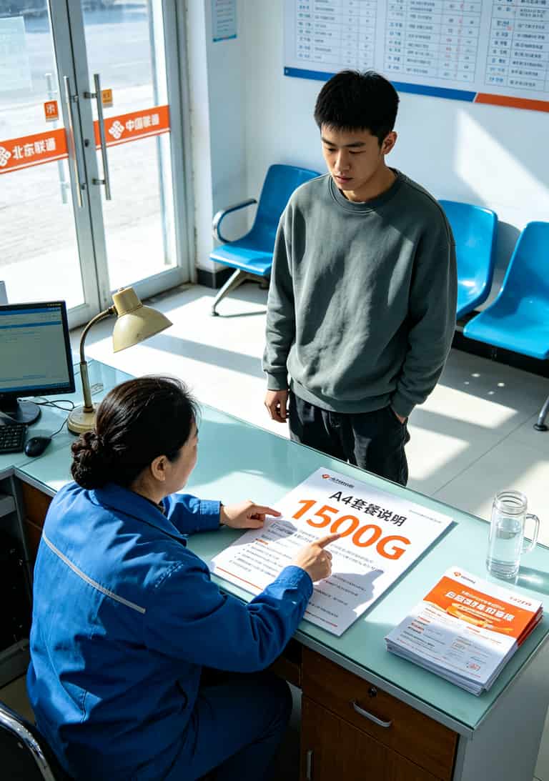 9元1500g流量卡是真的吗?我办了两次才弄明白,第二个月就开始肉疼了 联通营业厅柜台业务员正在向学生解释校园套餐条款