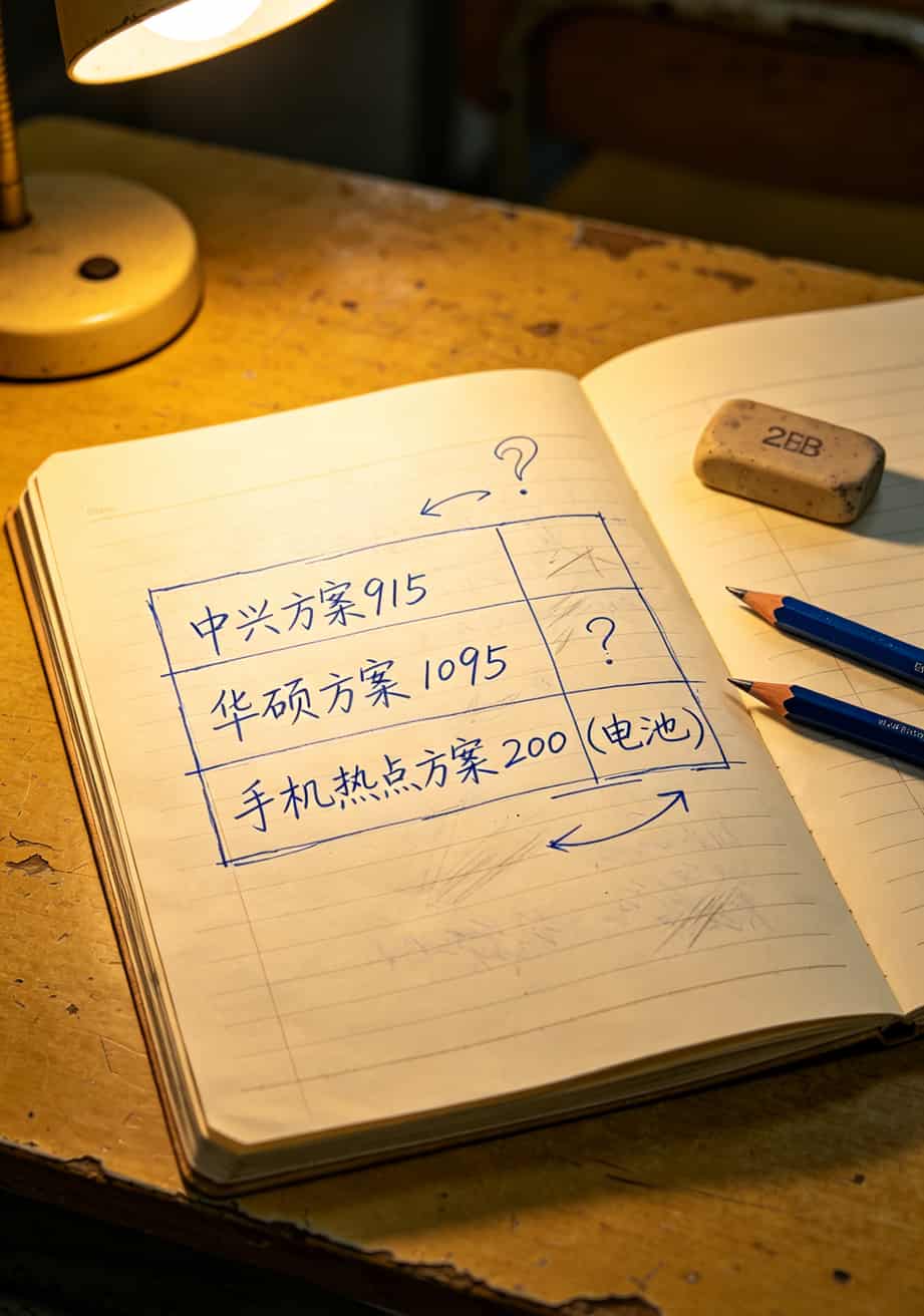 9移动流量卡值不值?我把六张卡和三个设备都拆了告诉你答案 两年费用对比表格,中兴方案915元、华硕方案1095元、手机热点方案200元电池费