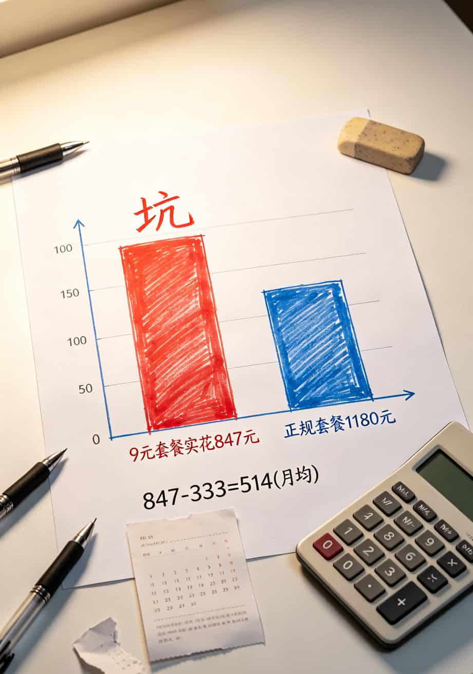 一年花费对比柱状图，左侧9元套餐实际847元，右侧正规套餐1180元