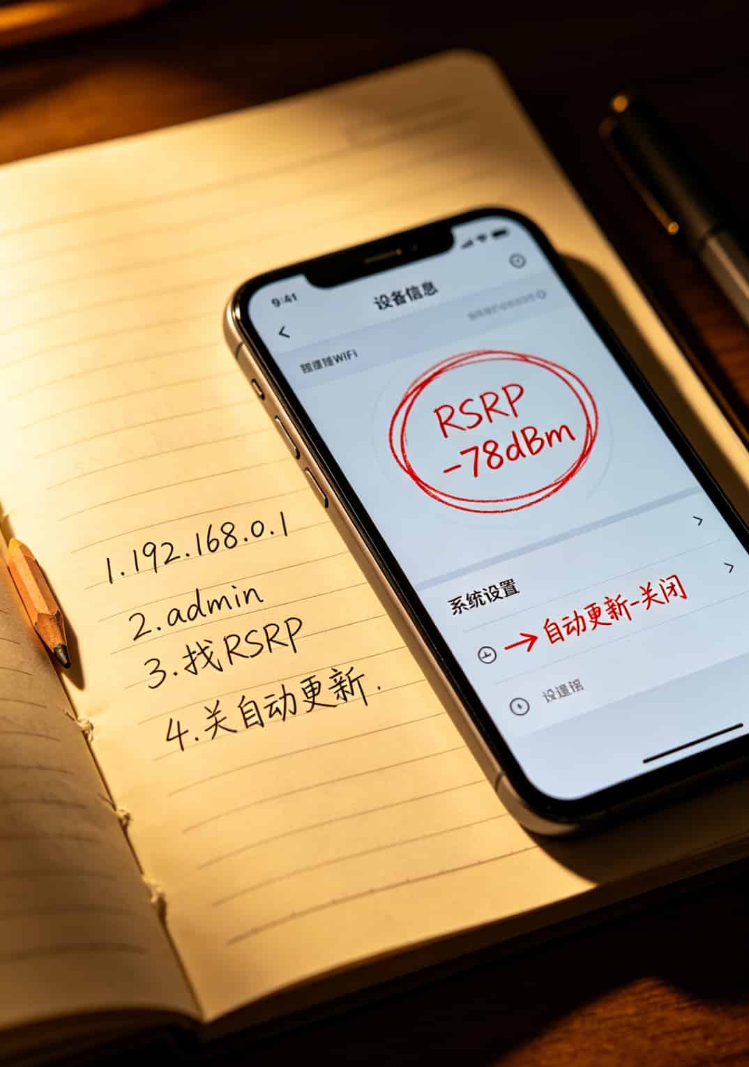 中兴随身WiFi后台管理界面操作步骤截图，标注RSRP位置和设置选项