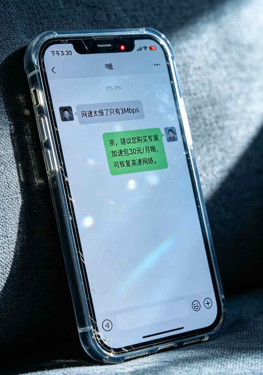 手机截图显示随身WiFi客服对话记录，商家回复建议购买加速包