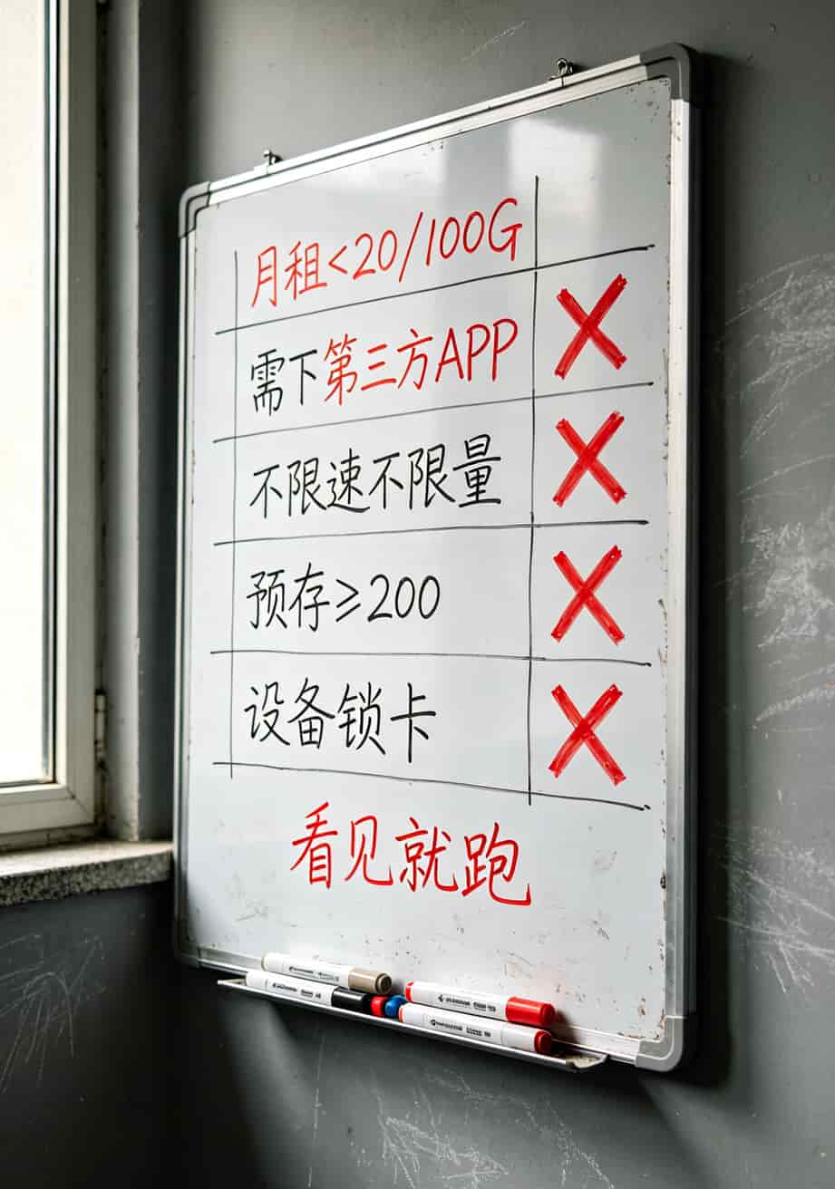 五类问题套餐的识别要点对比图，红色叉号标记危险信号