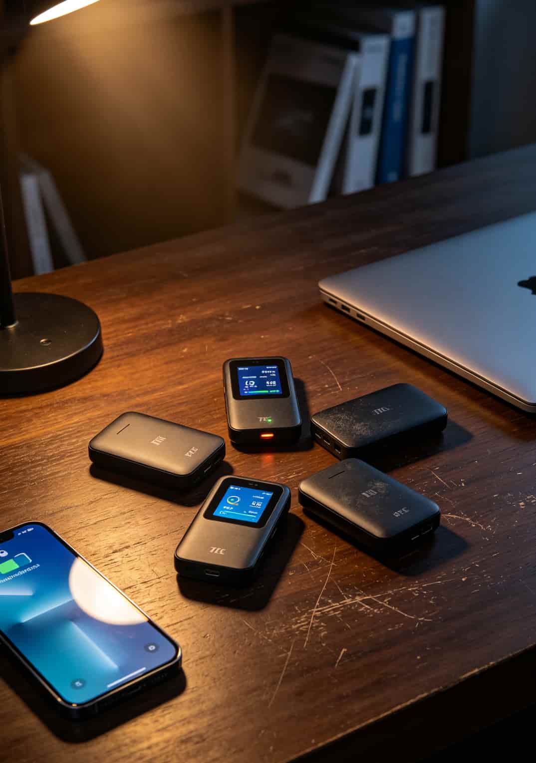 老张实测的五款中兴随身WiFi设备摆放在桌面上，旁边是测试用的手机和笔记本电脑