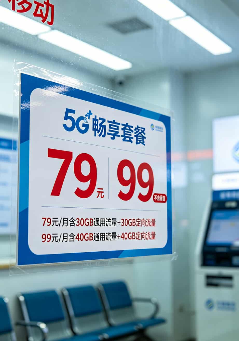 移动营业厅套餐价目表特写，显示79元30GB和99元40GB等标准套餐