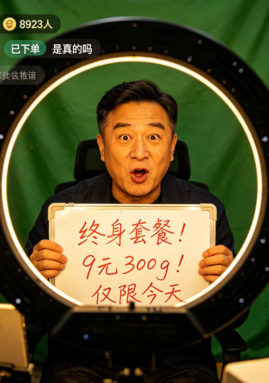 直播间截图显示“终身套餐9元300g”的宣传话术，主播正在讲解