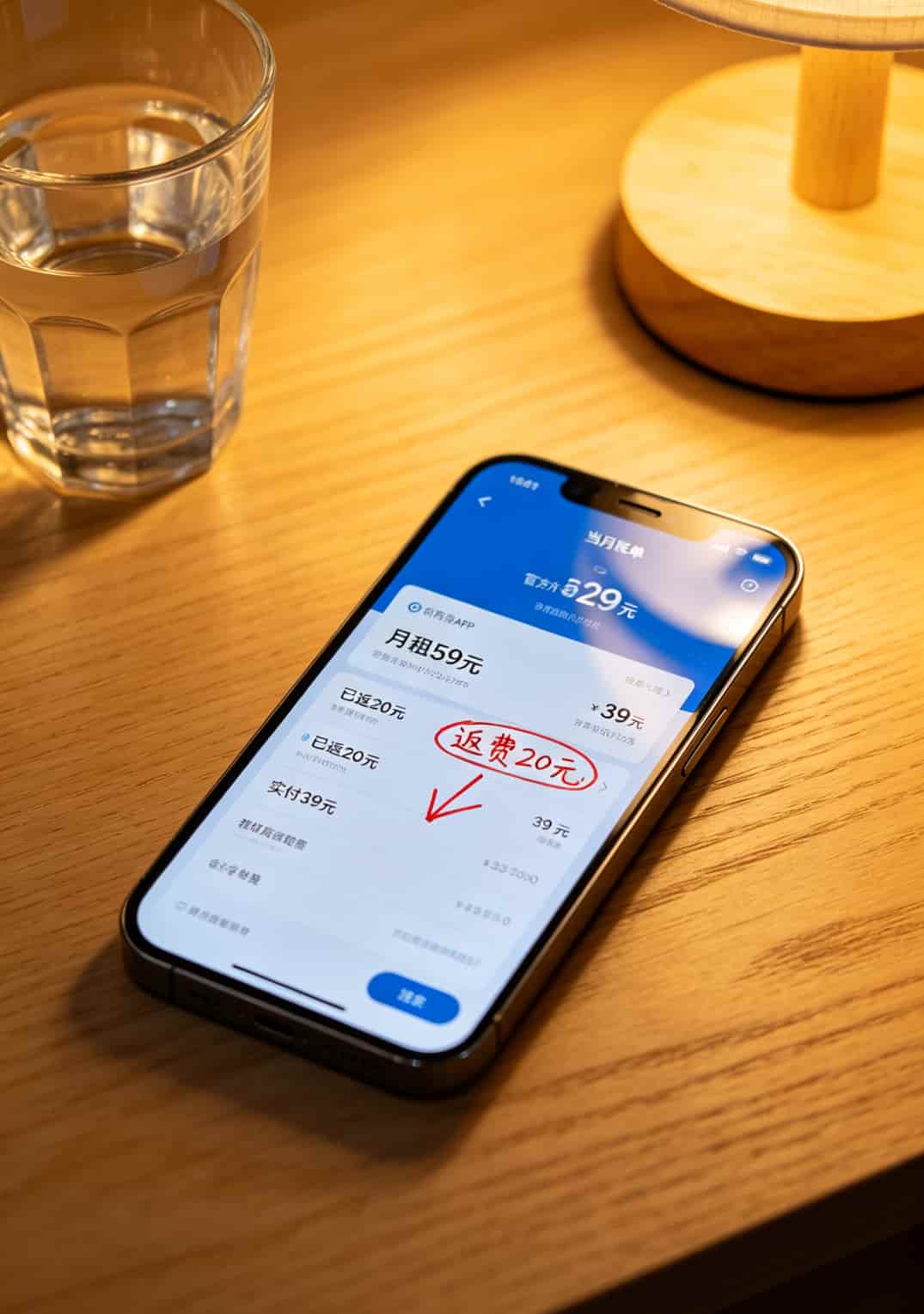 手机运营商APP当月账单截图，箭头标注返费到账情况