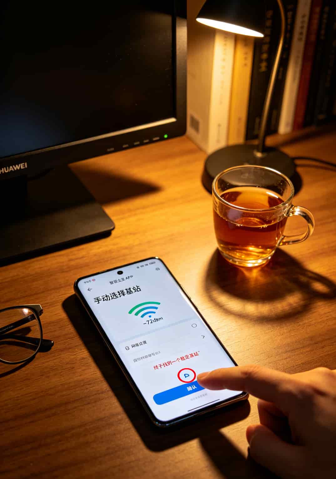 华为智慧生活APP网络设置界面，手动选择基站选项
