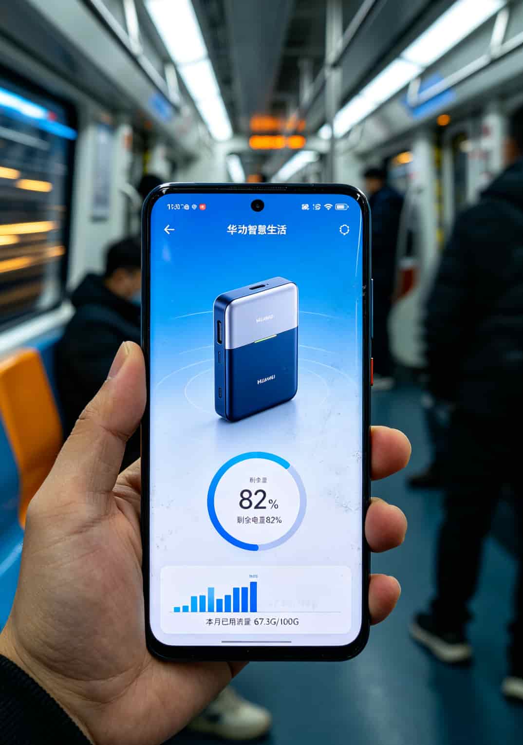 买5g纯流量全国通用流量卡配华为随身WiFi,39块钱100G那个档最划算,19块以下的别碰 华为智慧生活App绑定随身WiFi后显示流量电量界面