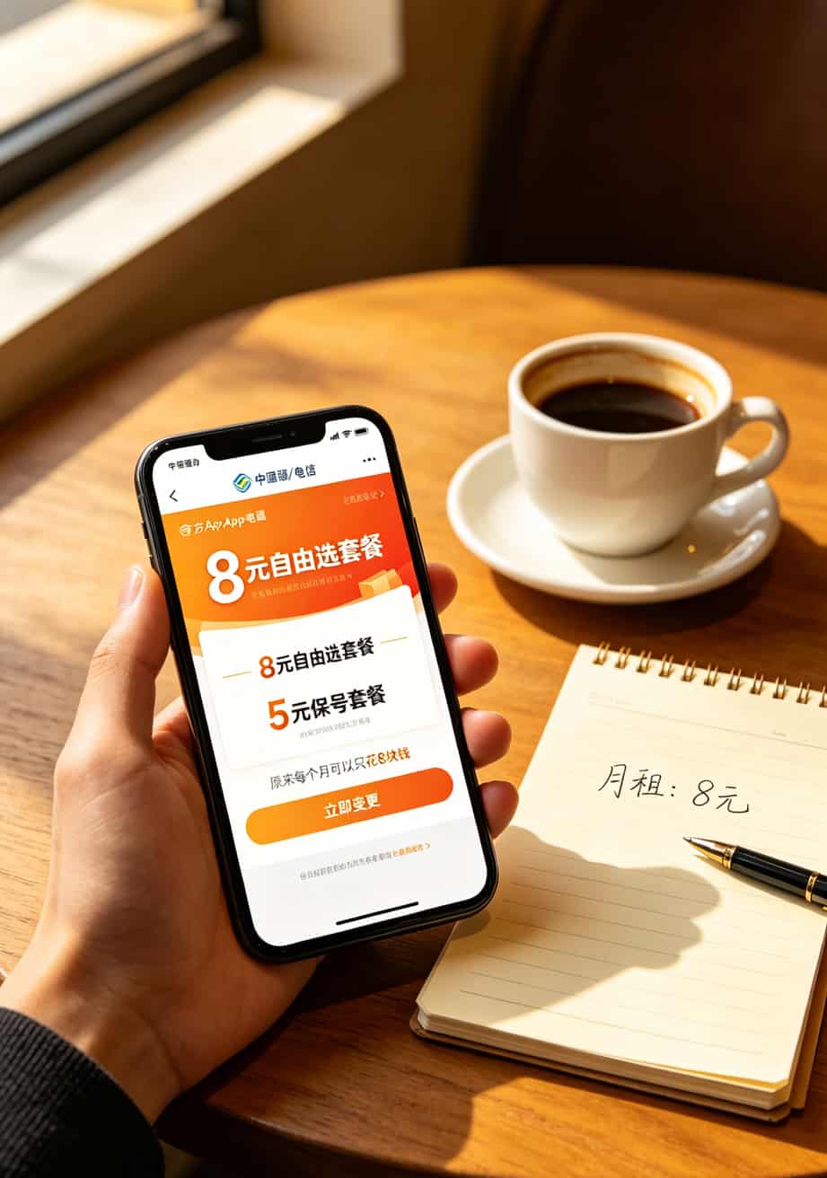 19.9元200g流量卡是真的吗?我买了三张卡实测,真相和广告差太远了 运营商App套餐页面截图,显示8元保号套餐