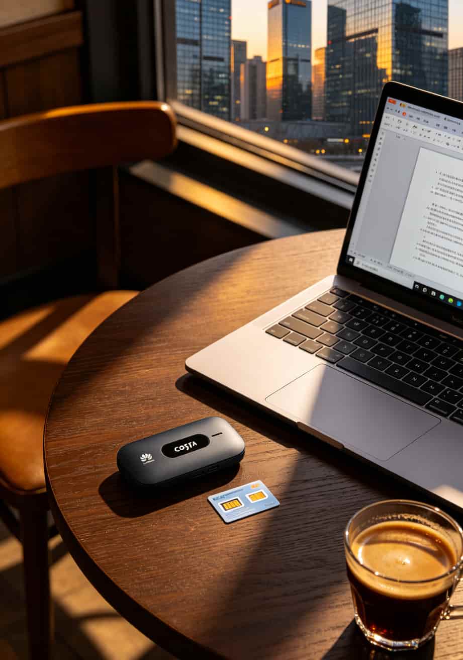 2022年移动最划算的流量卡被我翻出来了,28元80G,营业厅打死不卖 华为E53和一张移动流量卡放在咖啡桌上,旁边是一台笔记本