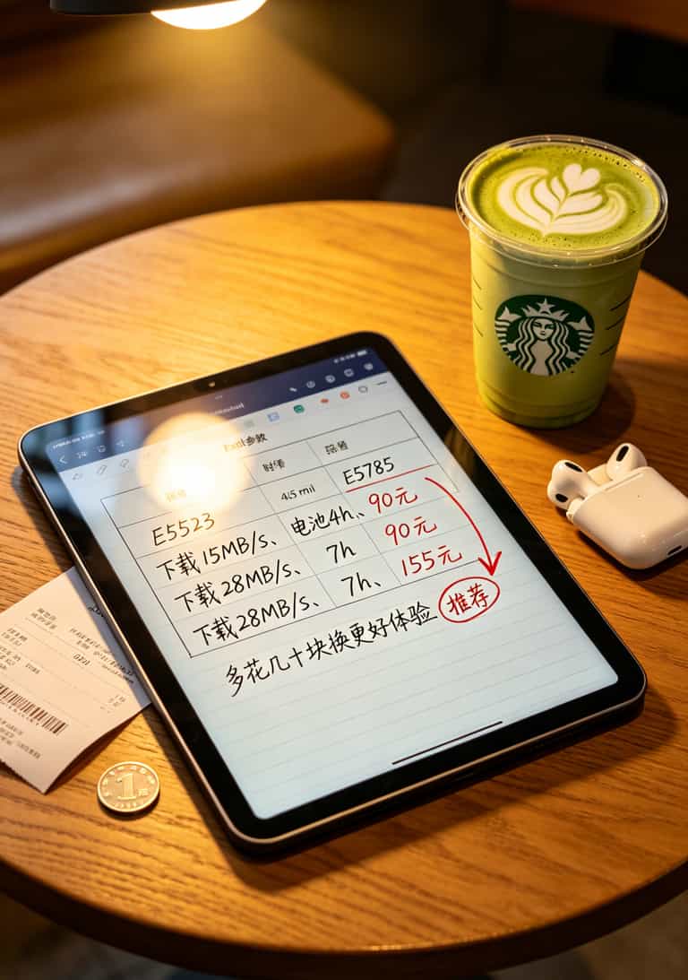 90块闲鱼捡华为随身WiFi,自己办200g流量卡,一年省下400块宽带费 E5573和E5785参数对比表,重点标注网速和电池差异