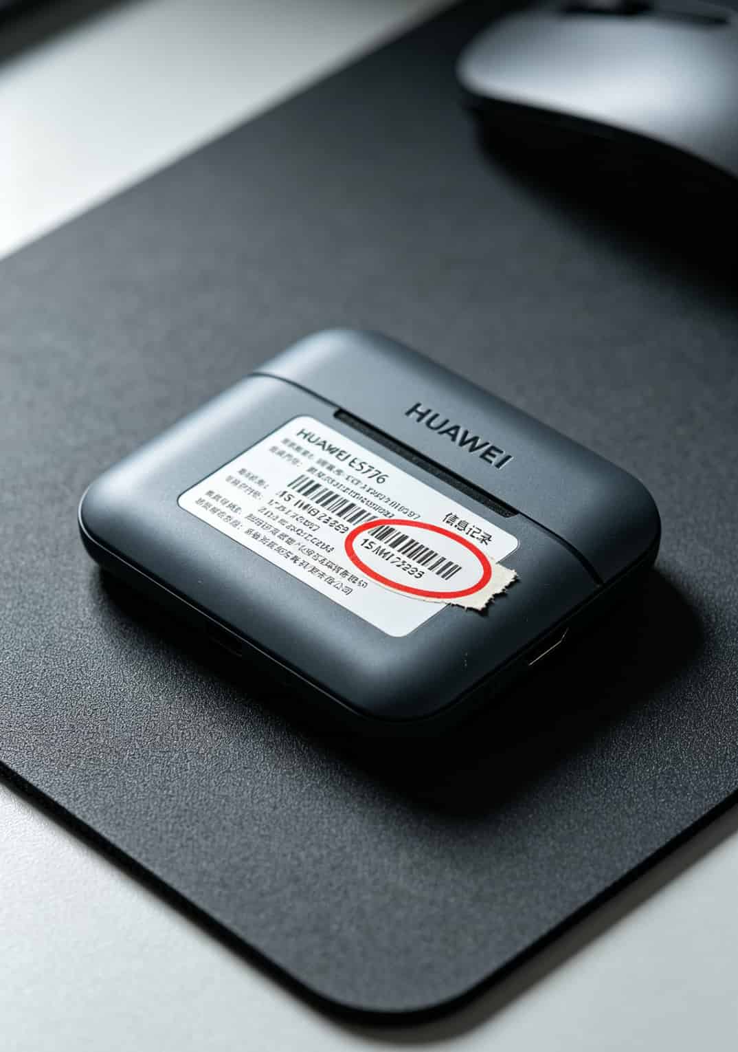 纯流量了卡申请前不看你血亏:华为随身WiFi插卡避坑指南(附真实踩坑案例) 华为E5576机身底部IMEI标签实拍,用红圈标出IMEI码位置